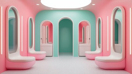 Fototapeta premium Pet Grooming concept. Modern pastel bathroom interior with curved mirrors and seating areas.