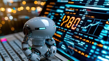 Robot Exploring Stock Market Data on Laptop Screen with Digital Graphs and Numbers