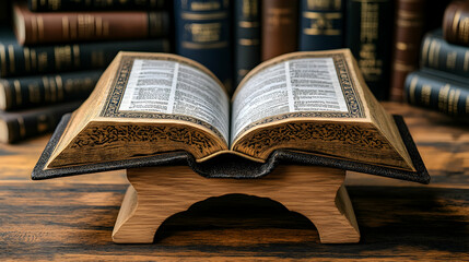 Obraz premium Open Book on Wooden Stand in Library (1)