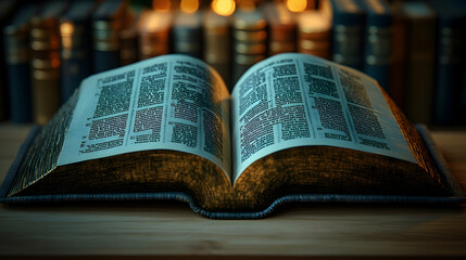 Obraz premium Open book on wooden table, antique library setting