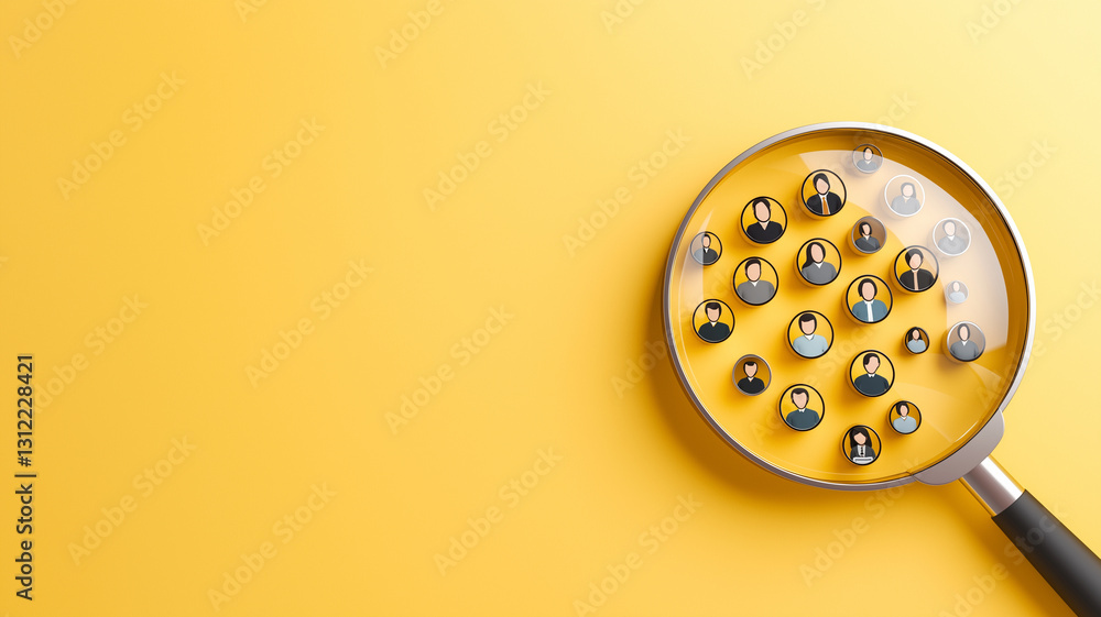 Poster magnifying glass focuses on various user icons against bright yellow background, symbolizing search 