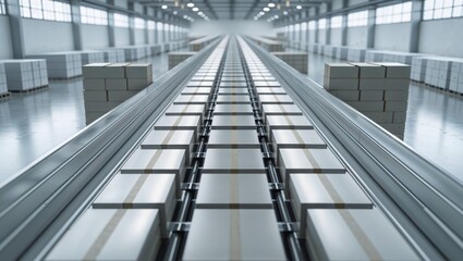 Boxes moving on a conveyor belt in a large warehouse with bright lighting and organized layout.