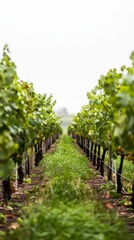 Naklejka premium Vibrant vineyard with rows of green grapevines under an overcast sky, capturing the essence of rural tranquility.