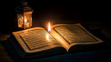Open holy book illuminated by candlelight and lantern at night.