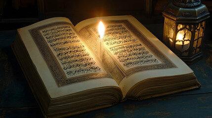 Fototapeta premium Open holy book illuminated by candlelight.