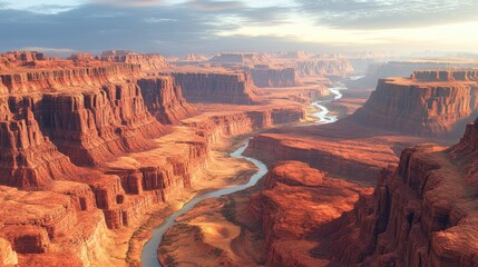 An expansive landscape of layered red rock canyons and a river