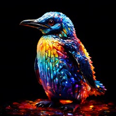 Fototapeta premium A vibrant, colorful penguin with iridescent, multicolored feathers stands on a reflective surface against a dark, almost black background.