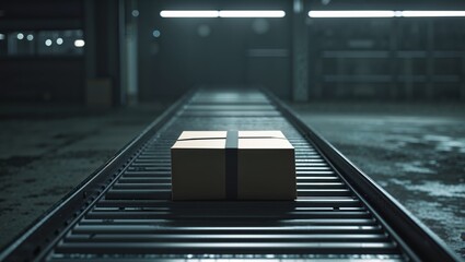 Fototapeta premium Package on Conveyor Belt in Dimly Lit Warehouse Environment.