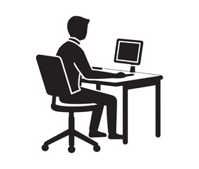 Businessman working on laptop. Working from home: remote job illustration. Computer desk setup a workplace icon.