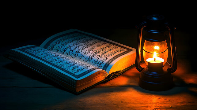 Open holy book illuminated by oil lamp in dark.