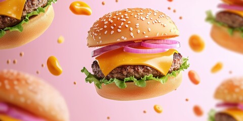 Hovering cheeseburgers with toppings floating around, juicy and bold on pastel tones