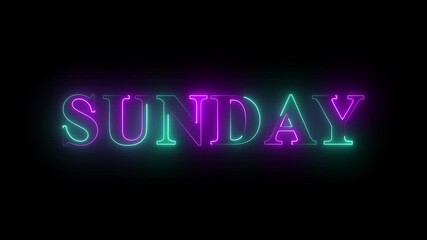 Neon light sunday text animation. New modern digital neon shine week name text icon animation with black background.