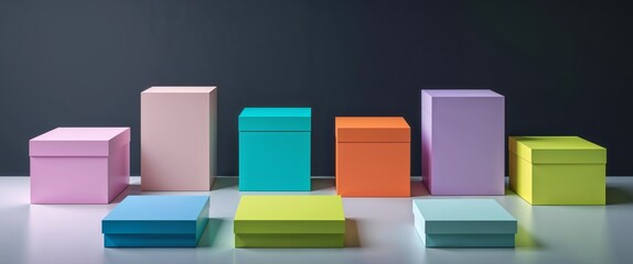 A group of different colored boxes on a black surface.
