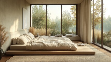 Fototapeta premium A modern bedroom with natural light and large scenic windows