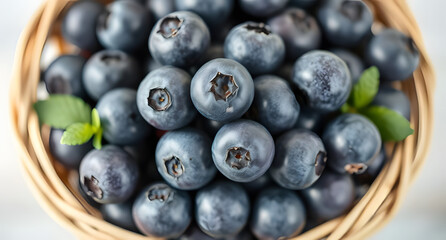 Ripe blueberries piled in a small wooden basket. Sweet and fresh vibe