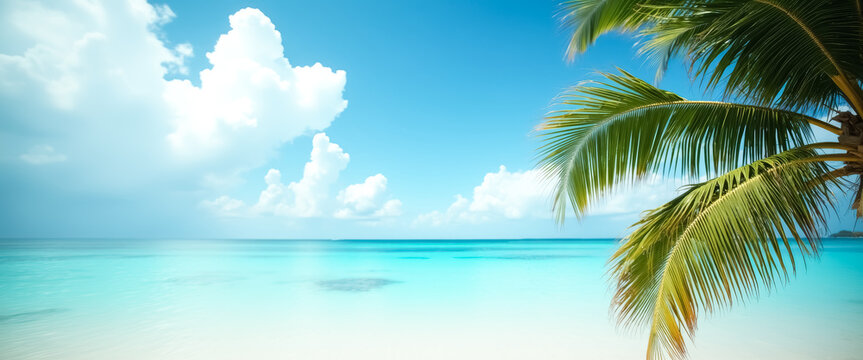 serene tropical beach scene with palm frond and turquoise water - Powered by Adobe
