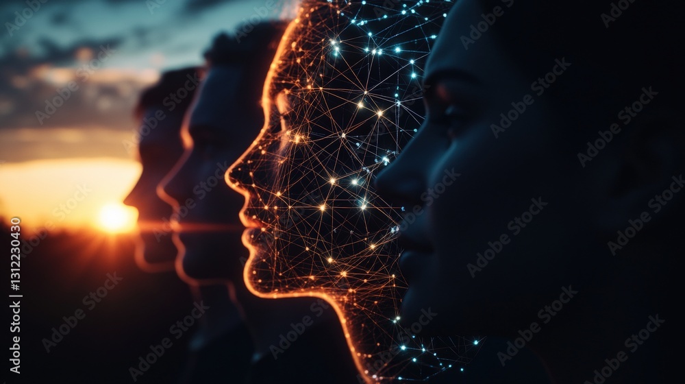 Poster a close-up of a woman's face with a network of intricate lines representing digital connections and 