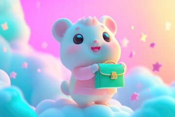 Adorable 3D hamster in pink attire holding a teal briefcase, floating on pastel clouds.
