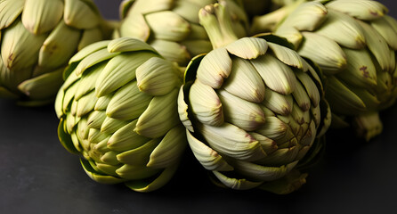Fototapeta premium Whole artichokes with their unique shapes, resting on a dark background