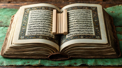 Obraz premium Open Quran book, wooden bookmark, aged pages, rustic wood
