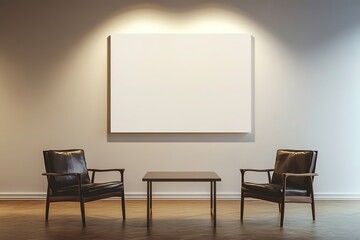 Modern Minimalist Interior Design Empty Canvas Mockup with Armchairs and Coffee Table