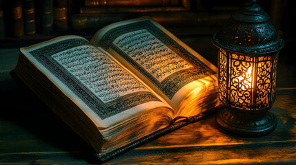 Open Quran illuminated by lantern, library setting