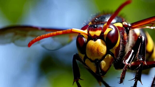 Giant hornet is flying towards camera close-up against blurred background