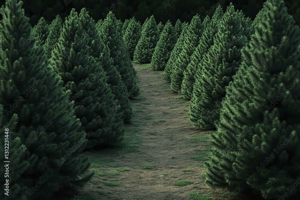 Poster a scenic view of a pathway through a dense evergreen forest, lined with lush pine trees, creating a 