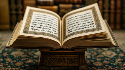 Obraz premium Open Quran on ornate stand, against bookshelf.