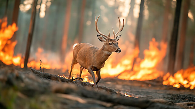 Fototapeta Frightened male deer swiftly escaping a severe forest fire, highlighting the tragic impact on wildlife habitats. Concept of natural disaster and animal survival.
