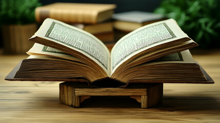 Obraz premium Open Quran on Wooden Stand, Books Background (1)
