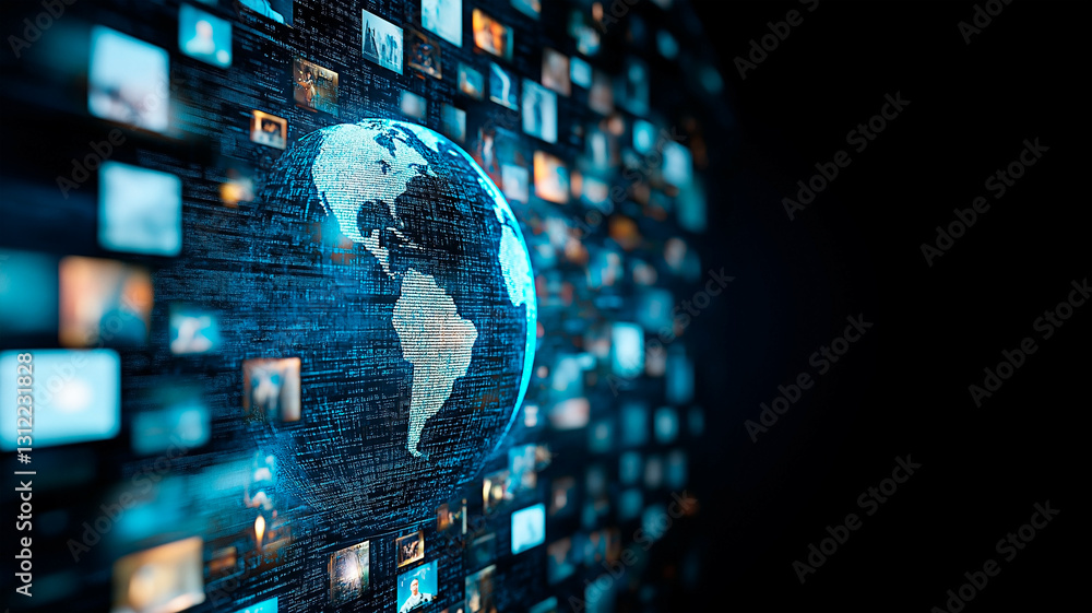 Poster illuminated digital globe surrounded by floating multimedia screens, representing global media strea