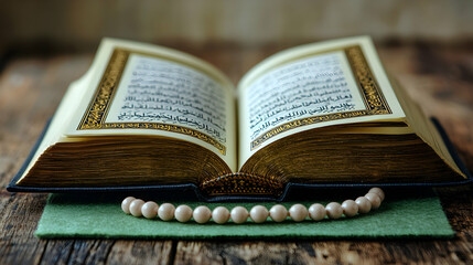Open Quran on Wooden Table with Prayer Beads (1)