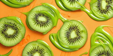 Fototapeta premium Kiwi slices with vibrant green chocolate swirls on a bright orange background