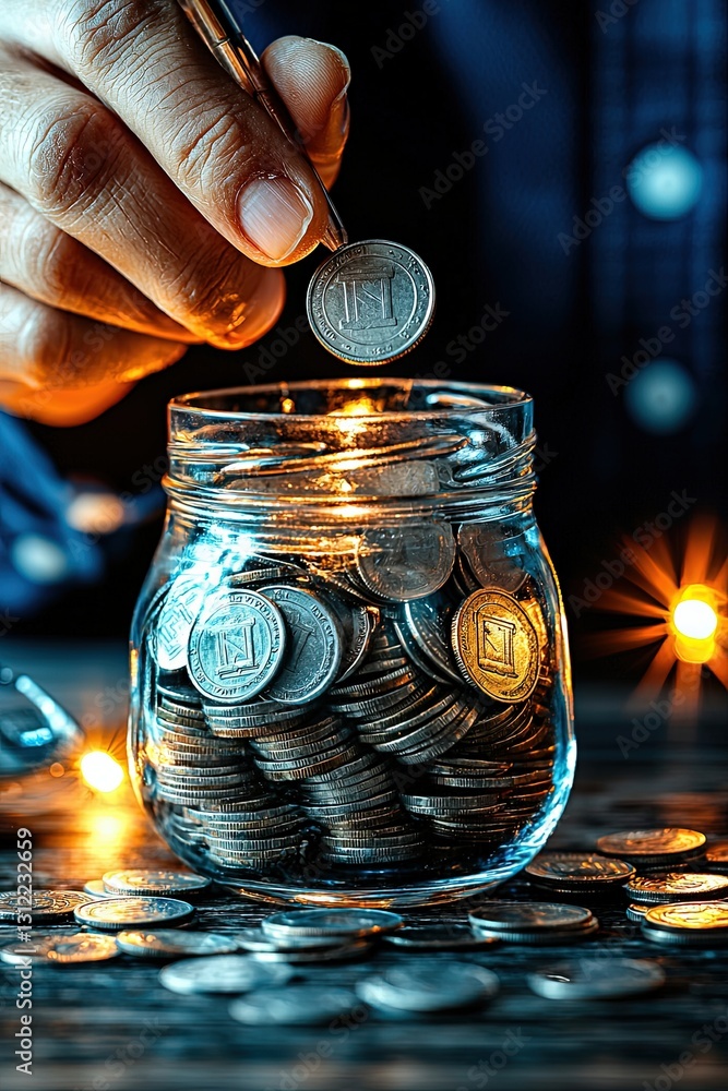 Poster hand picking coin from a jar full of coins with a soft glow in a dark ambient setting