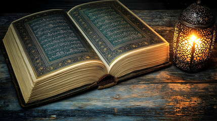 Obraz premium Open Quran with illuminated lantern on wood.