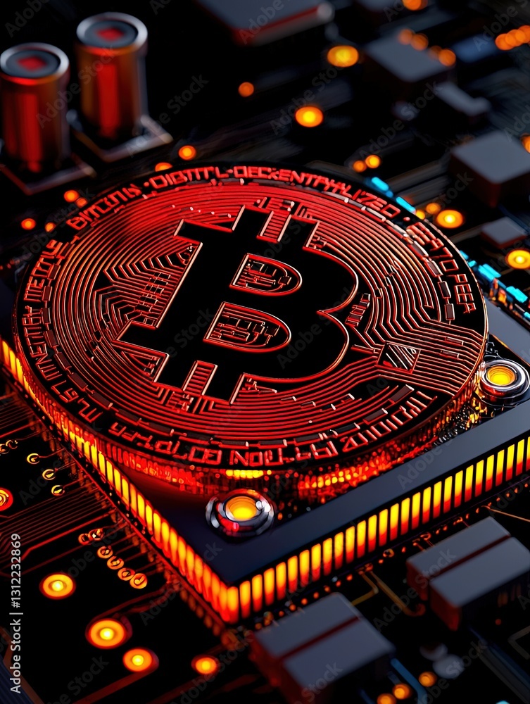 Poster futuristic bitcoin symbol on circuit board with glowing effects in dark technology background