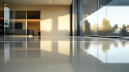 Reflective Polished Concrete Floor in Modern Home with Sunlight Streaming Through Large Windows