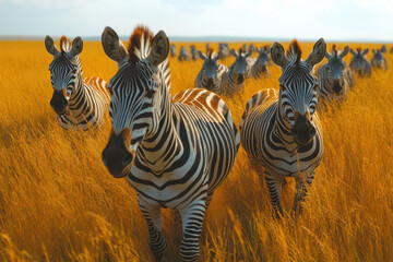 Obraz premium A herd of zebras are standing in a field of tall grass