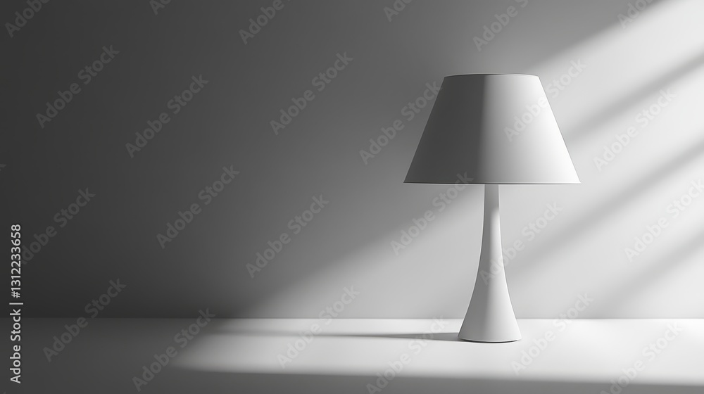 Poster a lamp is sitting on a table in front of a wall. the lamp is white and has a shade