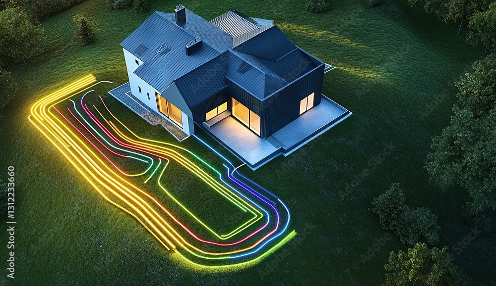Poster aerial view of a home with colorful lines showing the layout and path of a heat pump flow