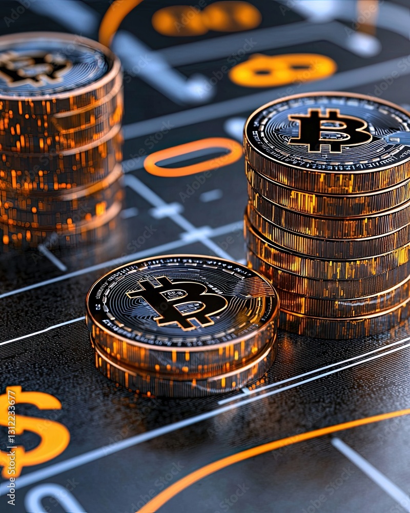 Poster stacks of bitcoin coins on dark background with dollar symbols and futuristic design elements