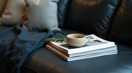 cup of coffee sits atop a stack of books and magazines on a leather sofa