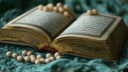 Open Quran with prayer beads on teal fabric. (5)