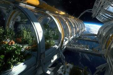 A Space Station in the Middle of the Earth A space station with bioengineered food production systems .