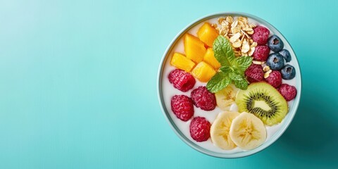 Levitating smoothie bowl with tropical fruits on a pastel blue background