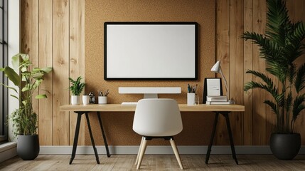 In a warmly lit wooden room, a minimalist desk holds a blank paper sheet secured by a clip, surrounded by plants and stationery items on an inviting workspace
