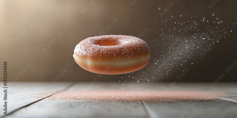 Poster a captivating image of a floating glazed donut with sprinkles above a wooden surface. perfect for fo