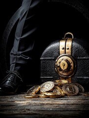 Elegant Security Concept Featuring Lockbox, Coins and Business Attire with Dark Background