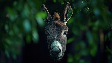 Fototapeta premium Closeup Portrait of a Spotted Donkey Amidst Lush Green Foliage